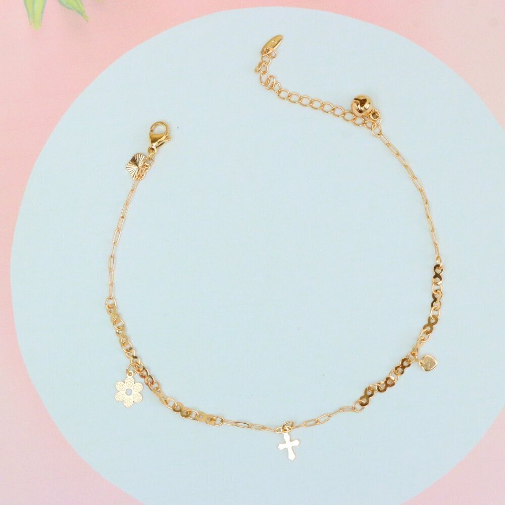 "Rose Gold Anklet with Cross & Floral Charms, XPAL1058